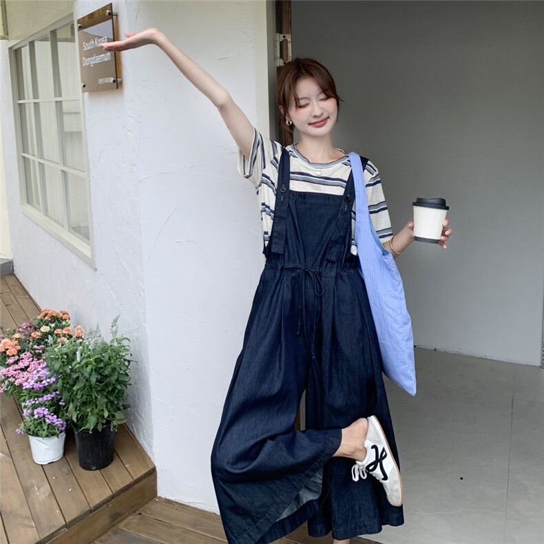 深蓝色复古牛仔背带裤女2025年夏季新款韩系慵懒风宽松显瘦连衣裤,女装套装/套裙,2C053