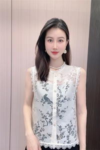 新中式蕾丝花边无袖衬衫女夏季新款气质显瘦百搭镂空提花马甲上衣图片