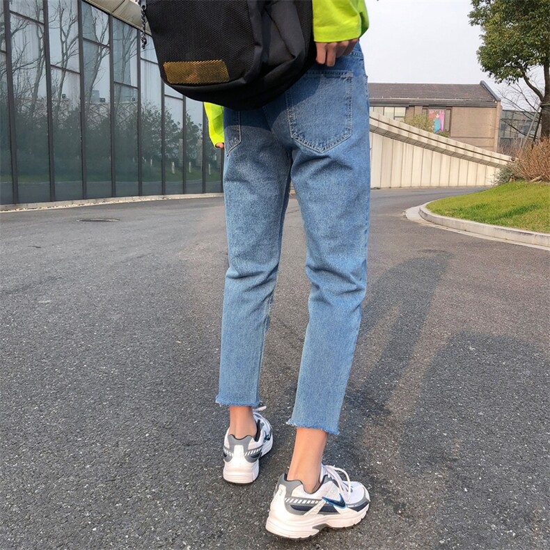 现货港风夏季简约百搭毛边牛仔裤男韩版直筒小脚九分裤/,男装牛仔裤,星座1008