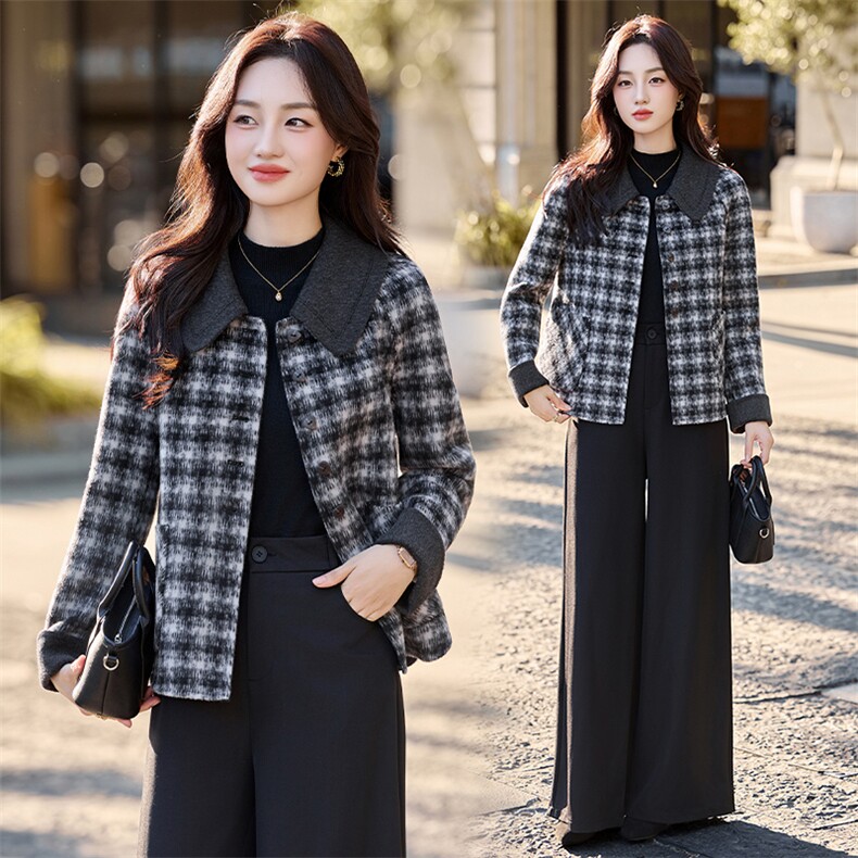 小香风格纹毛呢短外套女2025秋冬新款减龄气质翻领双面羊毛呢大衣，女装毛呢外套，涵亦佰惠