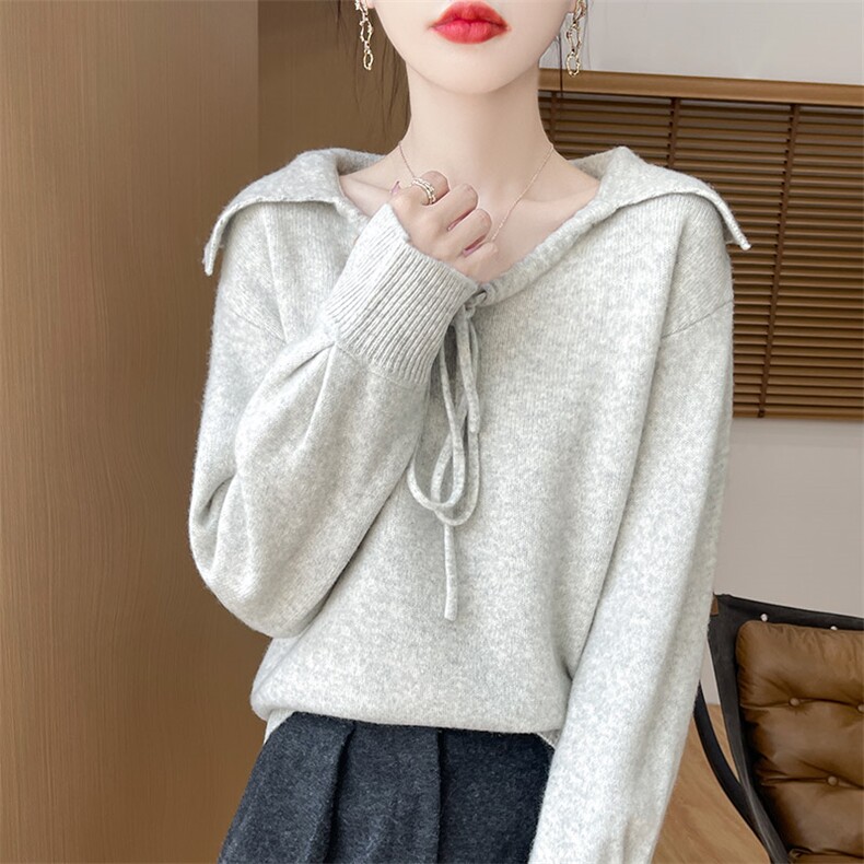 翻领100%纯羊毛衫女V领抽绳针织毛衣甜美宽松慵懒羊绒衫打底上衣,女装羊毛衫,琳尚羊绒
