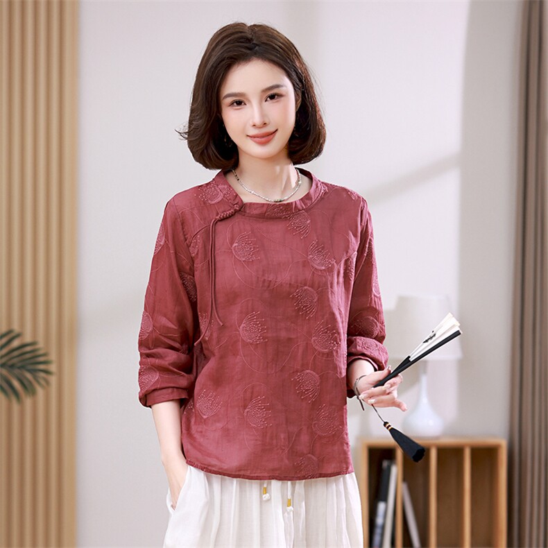 优雅刺绣苎麻圆领小衫春季新款女装长袖衬衫修身显瘦百搭上衣，女装衬衫，希欧阁