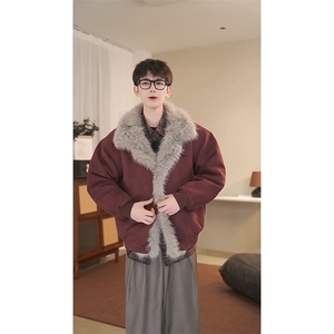 现货重磅硬挺boxy羽绒棉衣座山雕大毛毛领洗水麂皮棉服冬外套图片