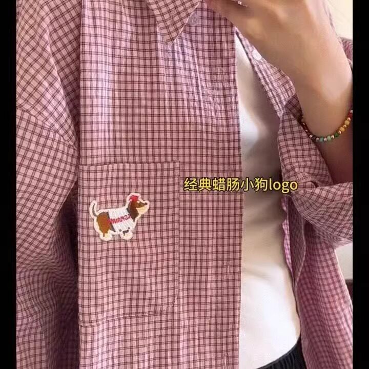 港风春款男女千鸟格衬衫腊肠狗刺绣宽松休闲衬衣CS2552P38,男装衬衫,星座1013-1