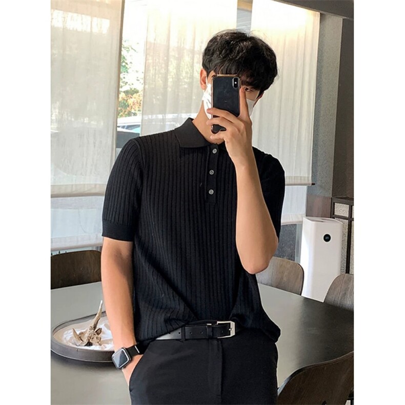 针织冰丝条纹Polo衫男短袖修身韩版潮流高级感男士T恤HM923P37,男装T恤,星座1112-1