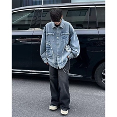 W351-P95潮牌美式刺绣毛边复古牛仔外套春秋宽松夹克上衣潮，男装工装外套，星座911-1