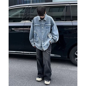 W351-P95 潮牌美式刺绣毛边复古牛仔外套春秋宽松夹克上衣潮图片