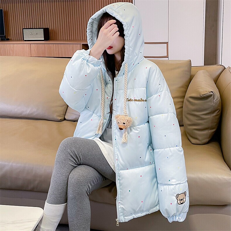 CC078-P130挂件小熊连帽棉服女冬季减龄波点宽松加厚保暖面包服,男装棉衣,星座911-3