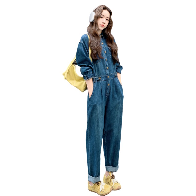 港风牛仔连体裤女2025长袖春秋新款高级时尚连身裤宽松工装连体裤,女装连体裤,2D076