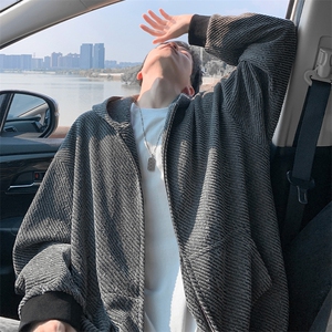 特批P58无差价秋季港风纹理感毛呢连帽大码开衫卫衣外套男W5034图片