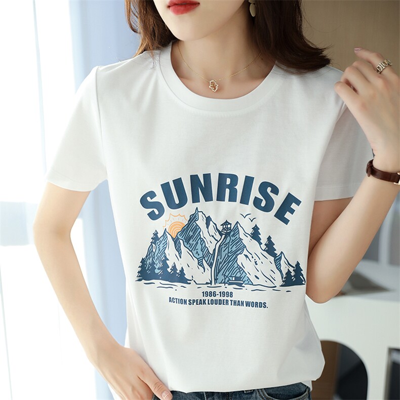 夏季丝光棉t恤女2024新款短款高支纯棉白色短袖绣花潮流烫钻百搭，女装T恤，元素羊绒