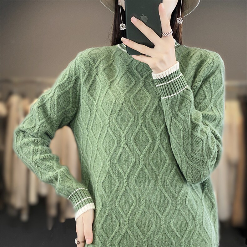 时尚百搭圆领菱形绞花长袖羊毛衫女款,女装羊毛衫,狄美羊绒
