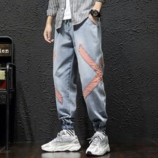 2021春季新日系大码男美式休闲交叉束脚拼接九分牛仔裤N8017-P55，男装牛仔裤，电商A001