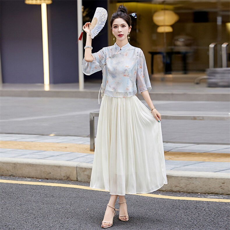 /新中式天丝套装女夏季新款国风汉服禅意茶服穿搭两件套,商品下架区,韩然一族