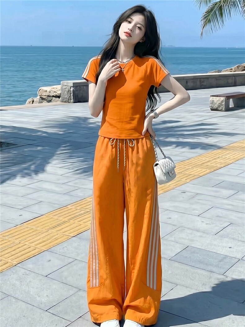港风炸街休闲运动套装女夏洋气显瘦修身圆领短袖上衣长裤两件套潮,女装套装/套裙,江南