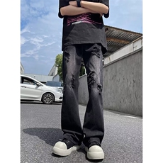 美式复古牛仔裤男夏季薄破洞设计感高街vibe直筒微喇裤10955-P42，男装牛仔裤，星座1008