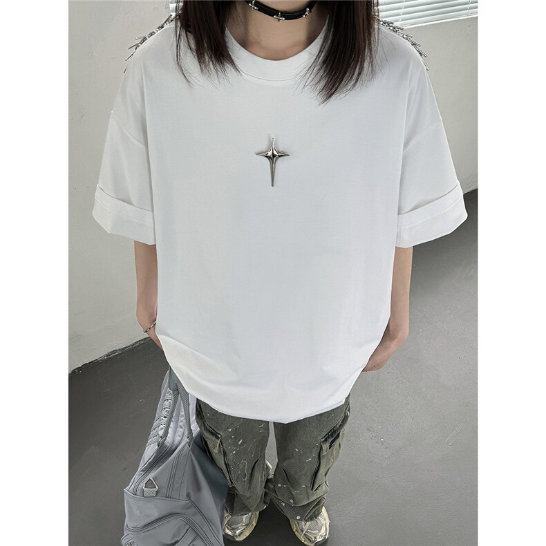 夏季260克美式复古四芒星情侣短袖T恤衫中性上衣男D343P43,男装T恤,电商A335-1（原A458）