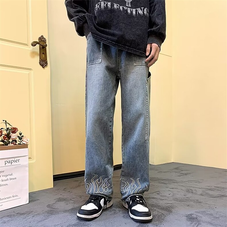 高街火焰刺绣牛仔裤男春潮季牌做旧宽松直筒休闲裤阔腿老爹裤,男装牛仔裤,星座410-7