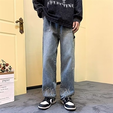 高街火焰刺绣牛仔裤男春潮季牌做旧宽松直筒休闲裤阔腿老爹裤，男装牛仔裤，星座410-7