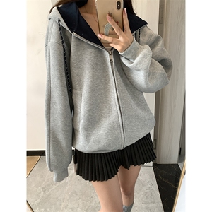 抖音得物二开美式高街重磅结构双层撞色连帽卫衣开衫外套W116图片
