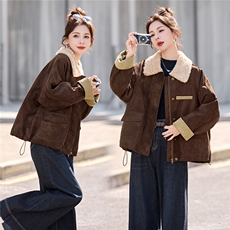 巴恩风羊羔毛翻领麂皮绒白鸭绒羽绒服，女装羽绒服，采品优优