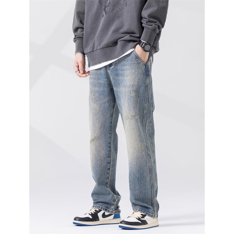 1506-1/KT7121/P48欧美复古水洗蓝色磨毛边直筒牛仔裤潮牌高街裤，男装牛仔裤，星座1506-1