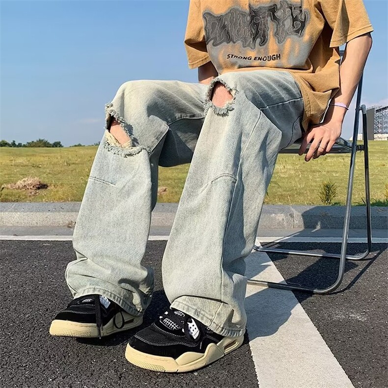 美式复古水洗破洞牛仔裤夏季薄款hiphop高街潮牌休闲直筒裤,男装牛仔裤,星座410-6（原星座1304-1）