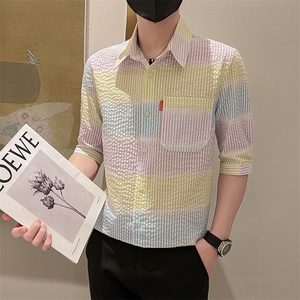 2023春季新款修身韩版男士休闲七分袖衬衣潮流中袖衬衫C06-P50图片