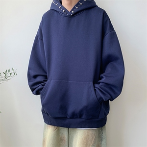 藏蓝色广东中山卫衣男款秋冬纽扣连帽衫美式复古500g重磅运动外套