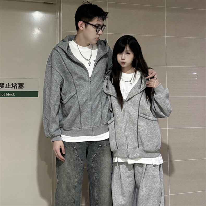 抖音得物高品质秋冬美式高街重磅结构辑明线纹理连帽卫衣外套W111,男装卫衣,电商A486