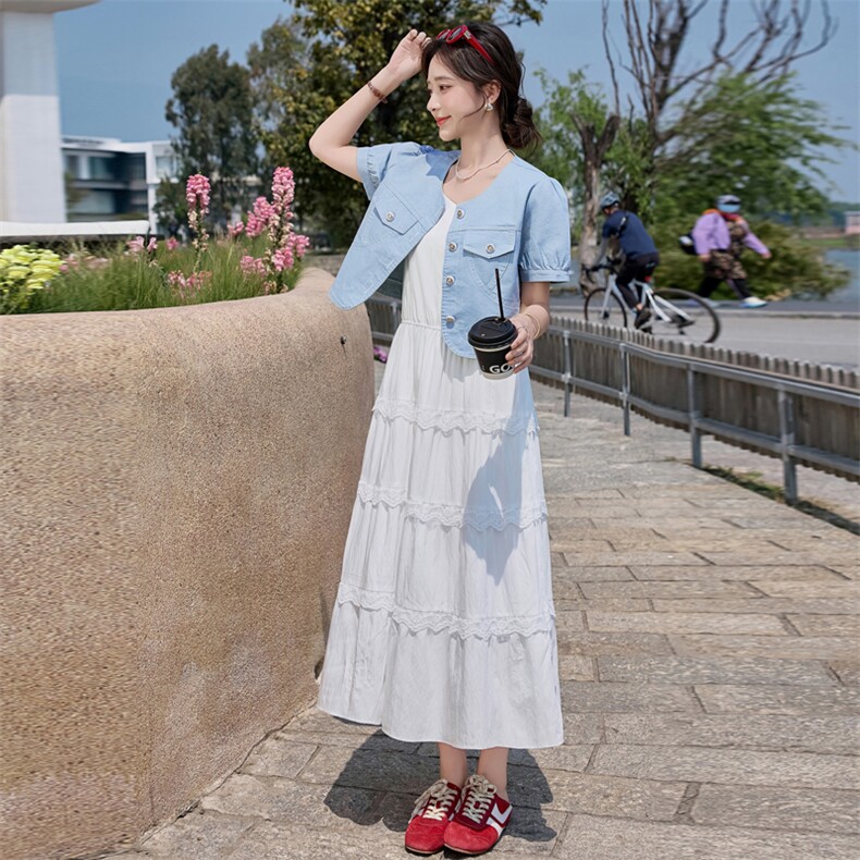 2025夏新品度假风蕾丝花边连衣裙+牛仔短袖两件套,女装连衣裙,1C078