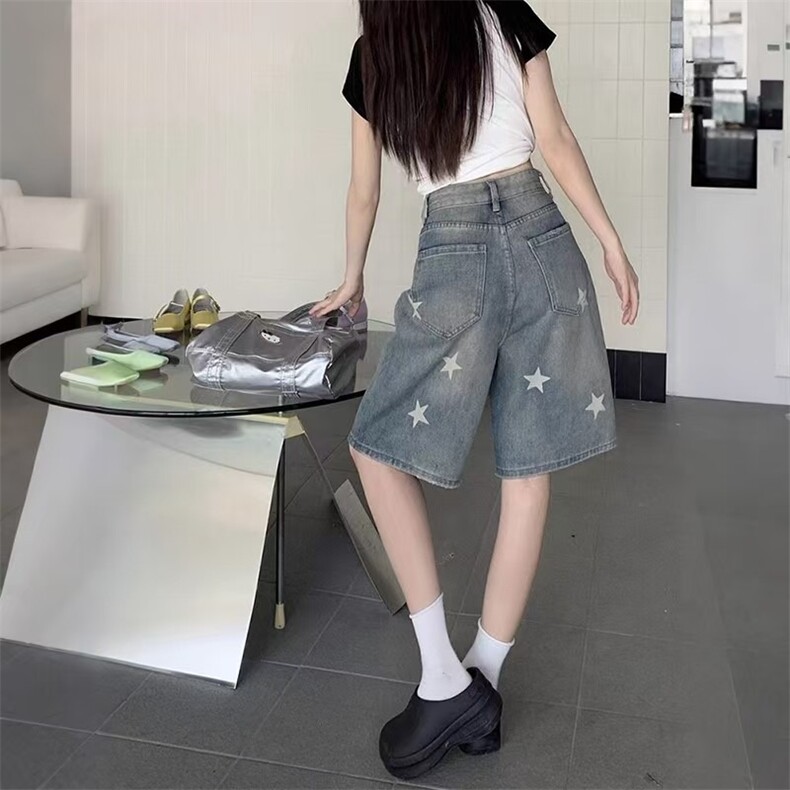 300斤大码胖mm星星牛仔短裤女夏季新款梨形身材显瘦阔腿五分裤子,男装牛仔裤,星座1210-1