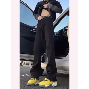 黑色柳叶弯刀牛仔裤男裤子加绒美式vibe直筒显瘦微喇裤图片