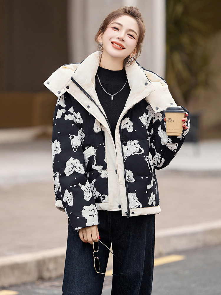 小个子印花连帽羽绒服女欧货2024冬季新款短款百搭白鸭绒保暖外套,女装羽绒服,曼娅璐