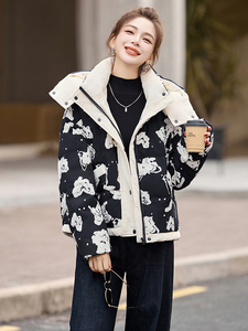 小个子印花连帽羽绒服女欧货2024冬季新款短款百搭白鸭绒保暖外套图片