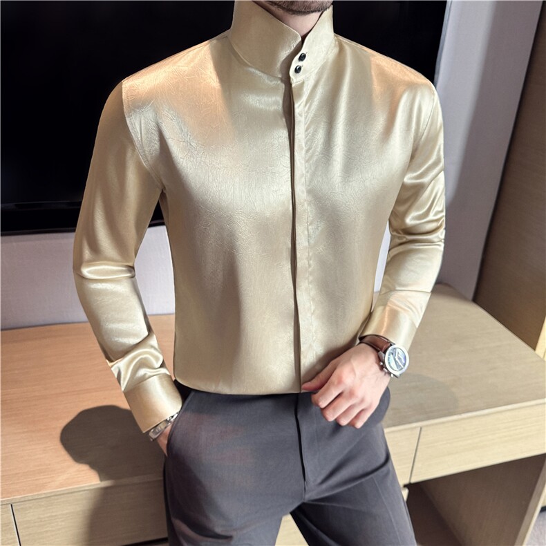 亮面绸缎感立领衬衫男长袖新中式高领衬衫设计感香槟金色C997-P63,男装衬衫,电商A213