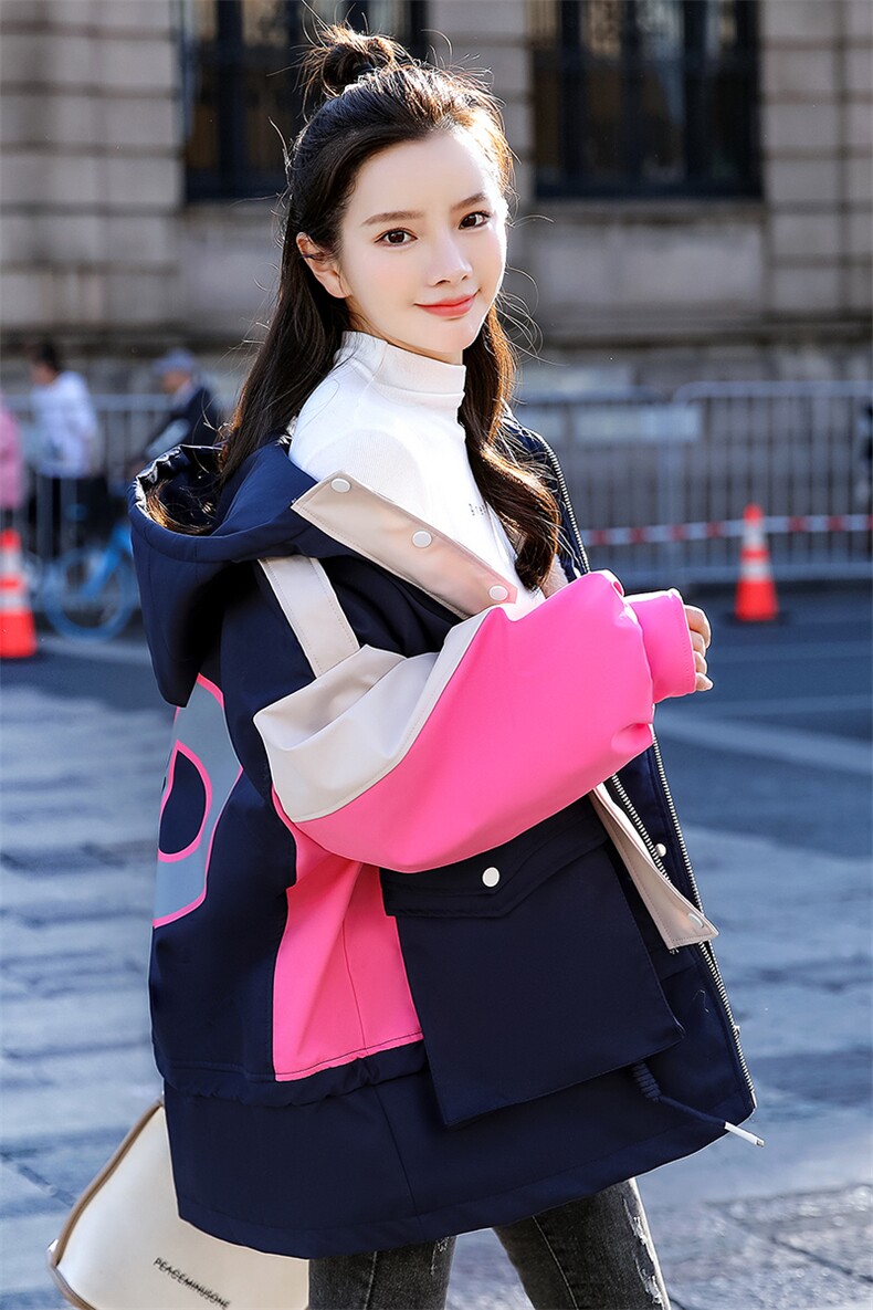 棉衣2022年兔毛加厚绒彩色拼接宽松连帽中长款派克服外套,女装棉衣/棉服,瑶迪依秀