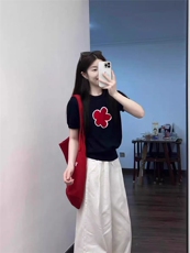 新款针织圆领短袖时尚休闲风单件，女装针织衫/毛衣，锦瑟羊绒