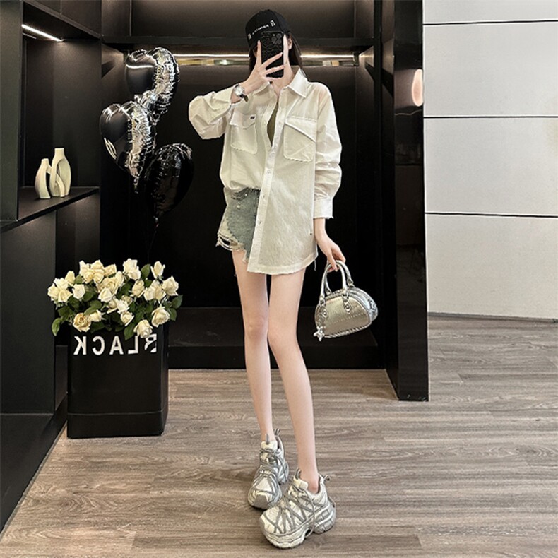 韩版时尚女装春季休闲运动百搭单排扣宽松显瘦纯色中长款翻领衬衣,女装衬衫,2C310