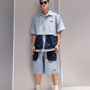 原创拼色假两件潮流套装夏季男款大口袋设计感短袖衬衫撞色短裤