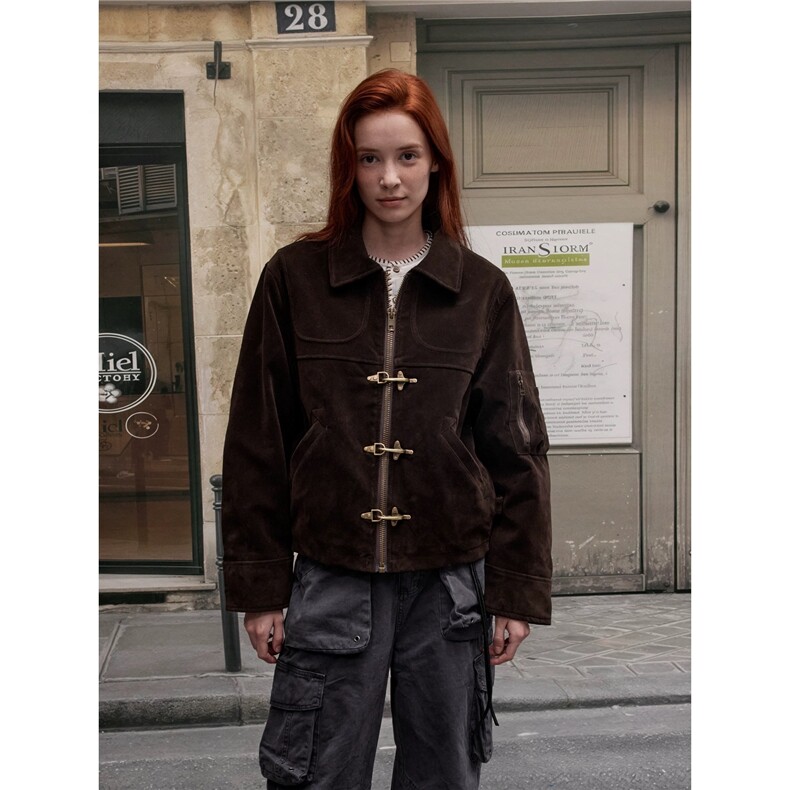 解构拼接飞机扣短款夹克男女复古做旧vintage麂皮外套JKW01,男装夹克,星座516A
