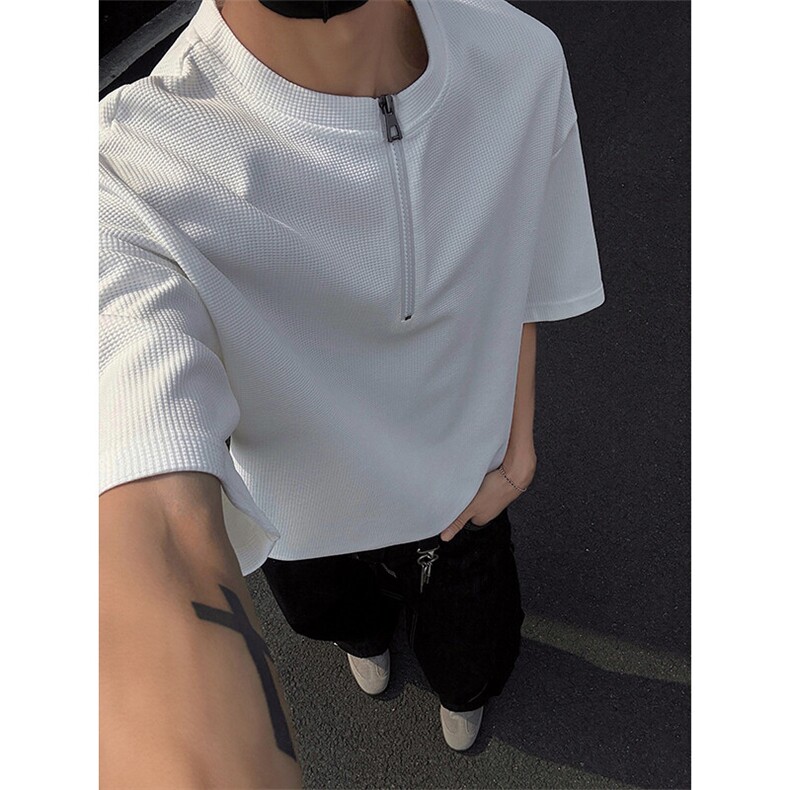 GENIOLAMODE老钱风华夫格短袖男士夏季半拉链T恤凉感宽松美式街头，男装T恤，电商A001