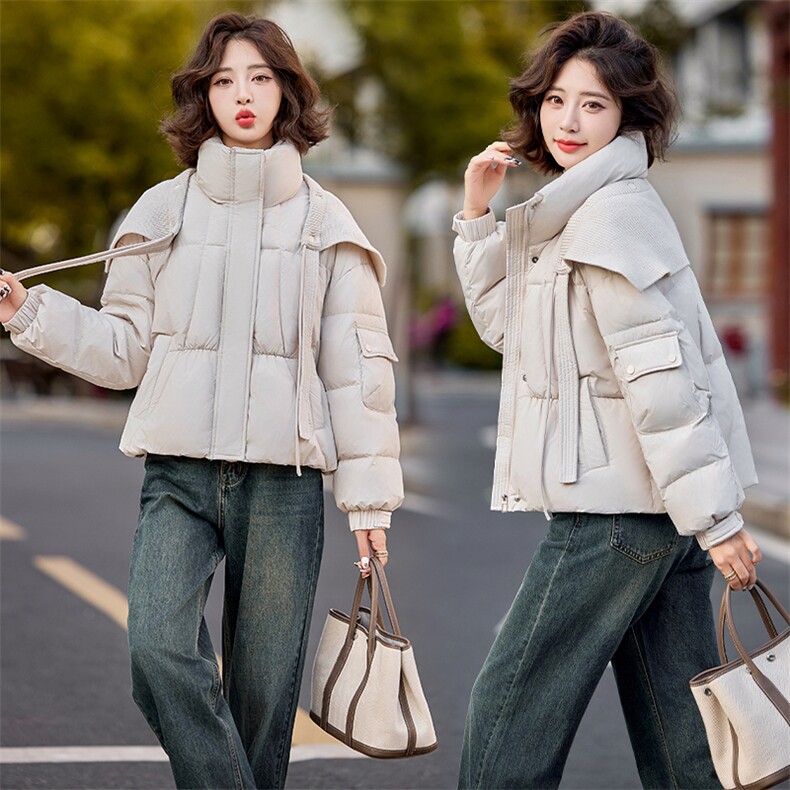 【24冬季新品】针织拼接可拆卸立领羽绒服~短款面包服羽绒服女,女装羽绒服,慕依路