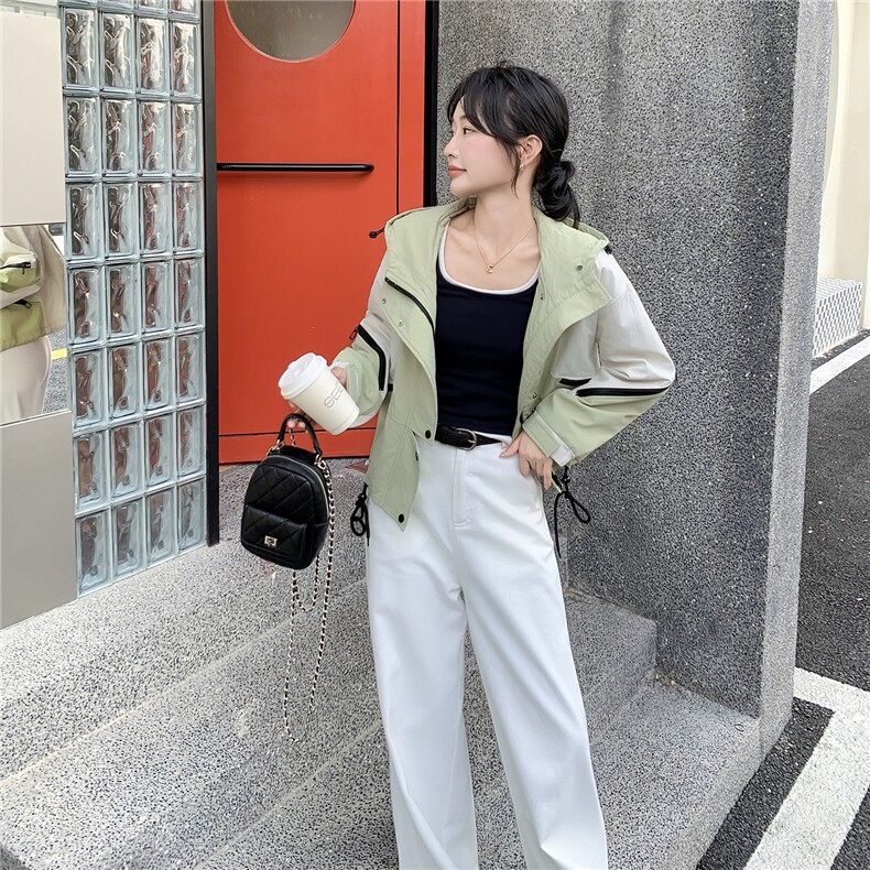 2C030-9068-P145-K198小清新的港风牛油果绿拼色大帽檐外套,女装短外套,2C030