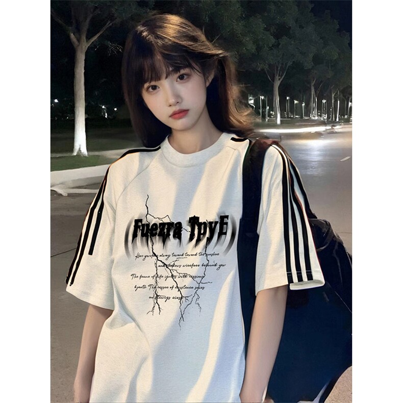 抖音得物高品质二开240克宽松纯棉美式潮牌三条杠织带短袖T恤,男装T恤,电商A486-1