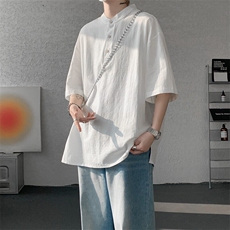 8XL-M中式立领棉麻T恤特大码亨利领亚麻短袖polo衫半袖DX1210/P45，男装T恤，电商B238