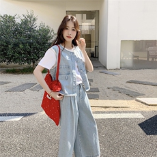 蕾丝花边拼接牛仔马甲套装女2025夏季港风复古小个子阔腿裤两件套，女装套装/套裙，2C159