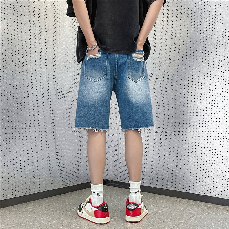 日系破洞牛仔短裤男款夏季嘻哈高街宽松休闲五分裤YM611P36,男装牛仔裤,星座1013-1