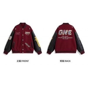 1506/QBF6300/P75潮牌情侣美式拼皮撞色单排扣棒球服夹克图片