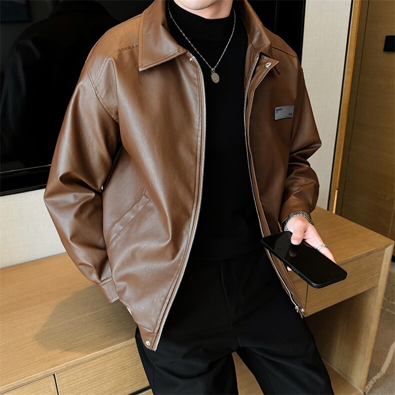秋季翻领皮夹克男大码贴标男士夹克水洗皮衣A266-PY006-P80控138,男装夹克,电商A266
